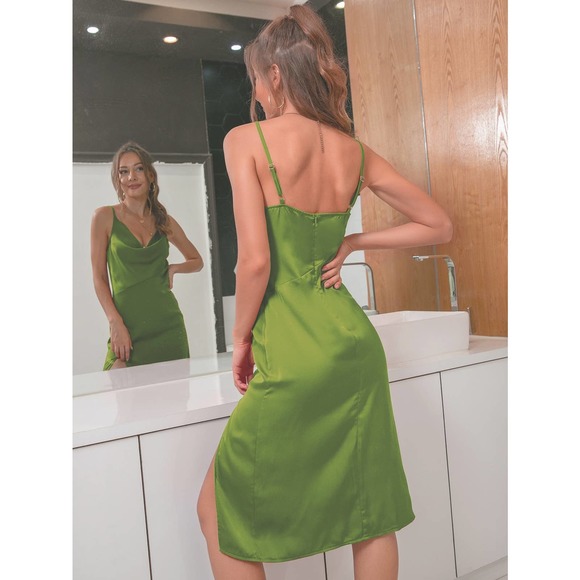 🌟 Cowl Neck Split Thigh Satin Cami Party Dress black - Picture 7 of 11